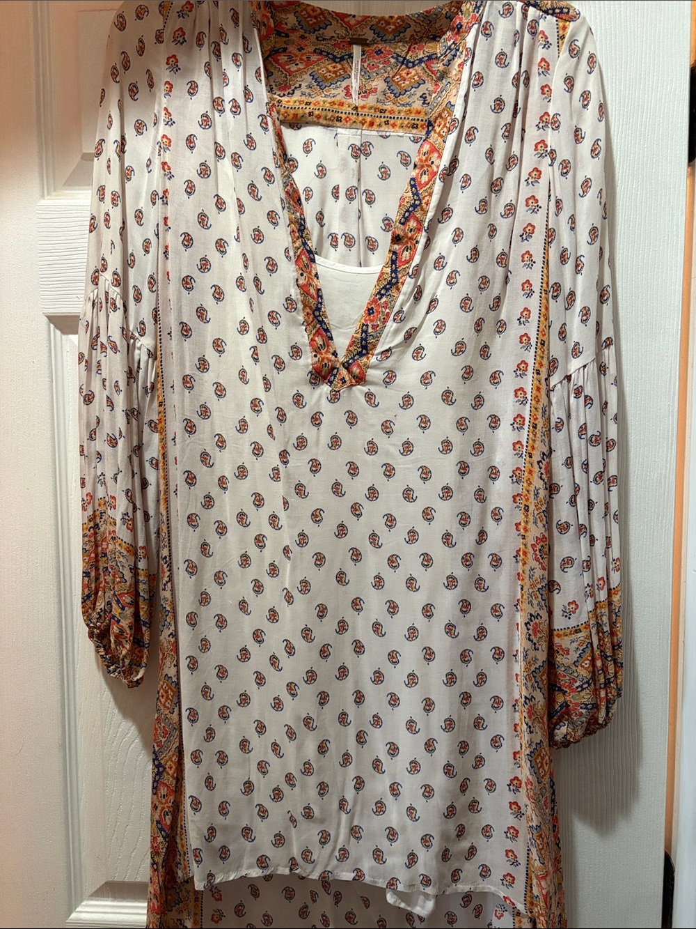 Free People White Tunic with Rust and Navy Paisley Print